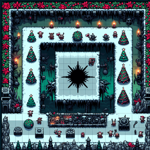 16 bit top view background of a christmas field set in hell Single Game Texture. In-Game asset. 2d. Blank background. High contrast. No shadows.