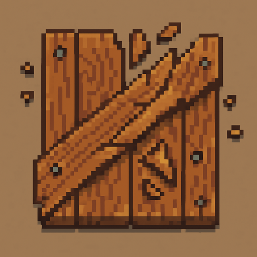 Vista cenital de una baldosa de puerta de madera destruida, aislada, vista desde arriba, estilo pixel art 2D para videojuego, textura continua y repetible, sprite de 32x32. Sin manija, sin marco, sin bisagras. Tablones de madera rotos, astillas y clavos decorativos dispersos. Vetas de madera estilizadas. Alto contraste, arte estilo hecho a mano. Sin sombras. Sin fondo..
In-Game asset.  2d.  High contrast.  No shadows