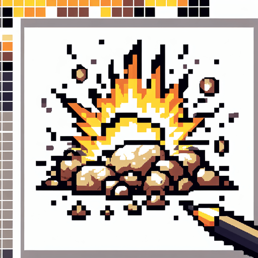 pixel art of a rocky explosion..
Single Game Texture. In-Game asset. 2d. Blank background. High contrast. No shadows.