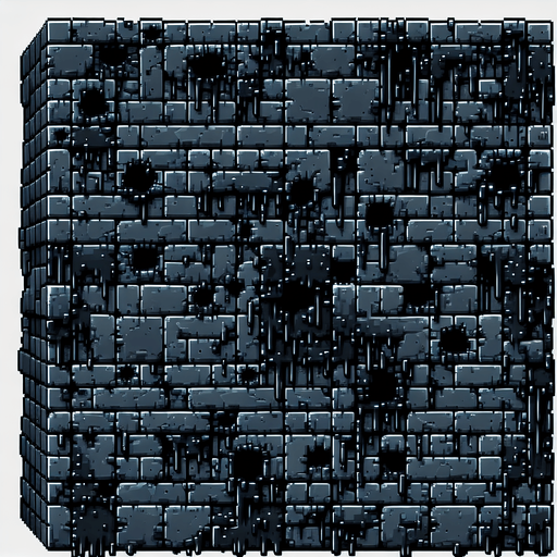 Black stone dungeon wall background. Crumbling top of wall in places.  Slime on bricks. Black holes in walls in places where brick is missing. Infinite repeatable texture for endless scroller. 8 bit pixel art..
Single Game Texture.  In-Game asset.  2d.  Blank background.  High contrast.  No shadows