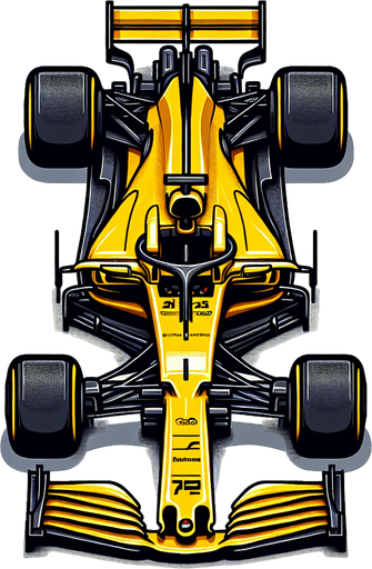 a yellow f1 race car top view.
Single Game Texture. In-Game asset. 2d. Blank background. High contrast. No shadows.