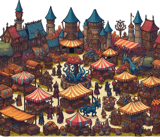a festival in a  fantasy rts style.
Single Game Texture. In-Game asset. 2d. Blank background. High contrast. No shadows.