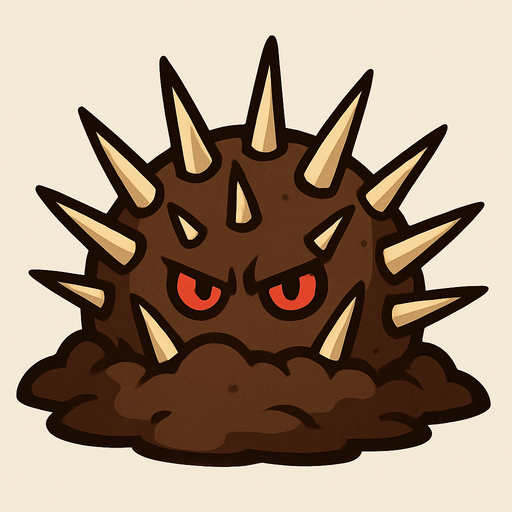 una planta que emerge del suelo como una masa de tierra marrón, semi-enterrada. De ella sobresalen una serie de púas afiladas de color beige, de diferentes tamaños y ángulos, dispuestas en varias filas. En el centro, asoman dos ojos pequeños y rojos, con una mirada intensa y ligeramente enojada..
In-Game asset.  2d.  High contrast.  No shadows