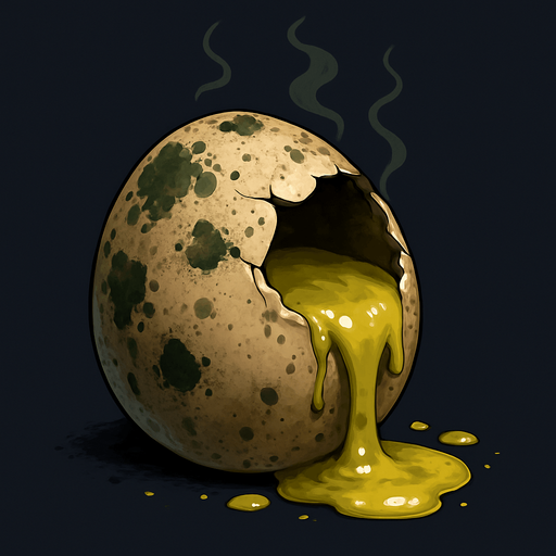 A high-resolution digital illustration of a rotten egg cracked open on one side, oozing a viscous, yellowish-green yolk and albumen. The shell is mottled with dark brown and green mold spots, with wisps of faint greenish gas rising. Textured detail on the shell’s rough, pitted surface, with subtle drips and splatters. Moody, low-key side lighting casts dramatic shadows and highlights the glossy, decaying textures. Semi-realistic style.
In-Game asset.  2d.  High contrast.  No shadows