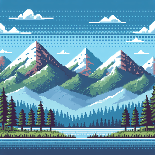 moutain landscape in pixelate look, make the background horizontally loopable.
Single Game Texture. In-Game asset. 2d. Blank background. High contrast. No shadows.
