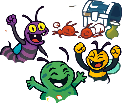 When the evil insects win, they celebrate by swimming in piles of gold coins. Cartoonish, colorful, and fun scene. In the background, defeated allied ants and the lost treasure atmosphere. Filled with vibrant colors and animated details..
In-Game asset.  2d.  High contrast.  No shadows