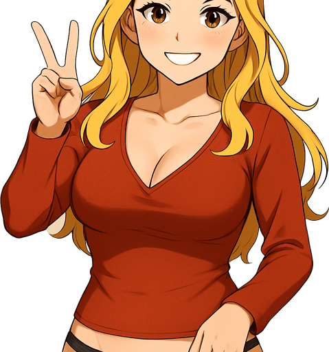 Show her from a little further away and make a victory sign with her hand and smiley face