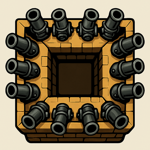 torre con 10 cañones desde arriba.
In-Game asset.  2d.  High contrast.  No shadows