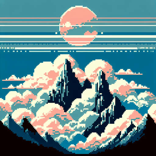 a pixel clouds background, with mountains, full height full width
Single Game Texture.  In-Game asset.  2d.  Blank background.  High contrast.  No shadows
