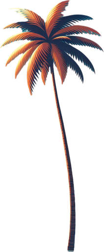 A sunset beach background with waves and palm trees..
Single Game Texture.  In-Game asset.  2d.  Blank background.  High contrast.  No shadows