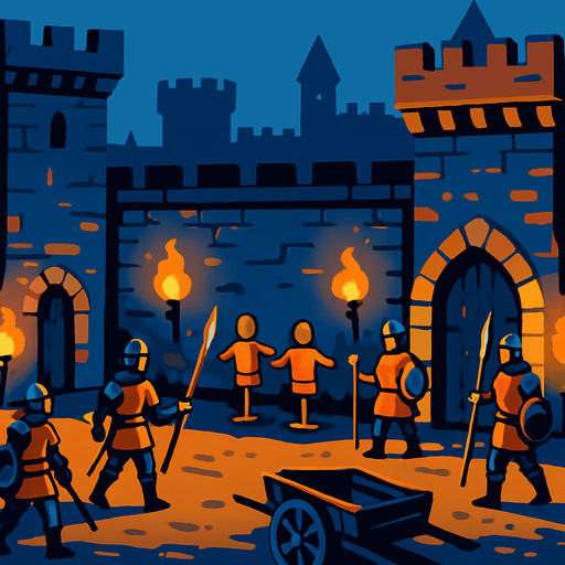 A medieval castle courtyard at dusk, guards patrolling, torches lit, training dummies and old carts, surrounded by stone walls and towers.
In-Game asset.  2d.  High contrast.  No shadows