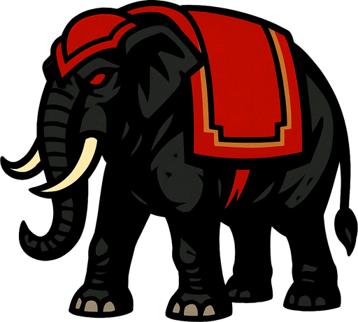 Black war elephant with red eyes.
In-Game asset.  2d.  High contrast.  No shadows