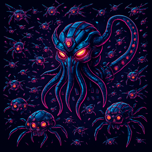 Cutout, swarm, neon cyberpunk glow horror corporate murder squid flying robot monsters