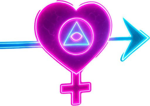 Neon cyberpunk arrow glowing hologram heart eye triangle sigil, symbol of Venus female sign with heart motif tip, magic love arrow pink cyan laser linework