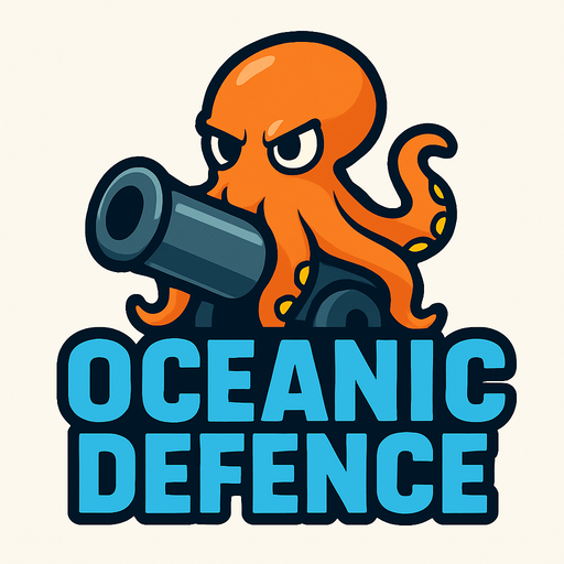 crea un titulo que diga oceanic defence con un pulplo detras de las letras que esta sentado en un cañon negro.
In-Game asset.  2d.  High contrast.  No shadows