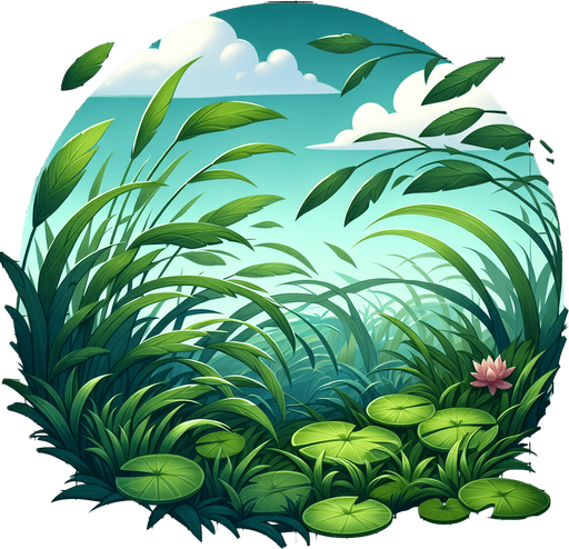 Green reeds with Lilly pad.
Single Game Texture.  In-Game asset.  2d.  Blank background.  High contrast.  No shadows