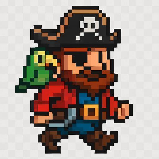 El pirata debe ser un personaje simpático y reconocible en estilo pixel art, con sombrero tricornio negro o marrón con una calavera blanca en el centro, un parche en uno de los ojos, barba o bigote corto, y una expresión decidida o divertida; su ropa debe incluir una chaqueta roja o azul, cinturón ancho, pantalones cortos y botas, todo con detalles simples pero claros; puede tener un accesorio como una espada al cinto o un loro en el hombro, y su animación debe mostrarlo caminando o balanceándose ligeramente como si estuviera en un barco; el fondo debe ser transparente y el diseño debe ser compacto, ideal para un juego colorido y caricaturesco..
In-Game asset.  2d.  High contrast.  No shadows