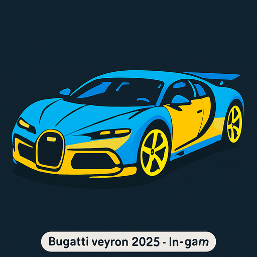 Bugatti veyron but 2025 model and blue and yellow.
In-Game asset.  2d.  High contrast.  No shadows