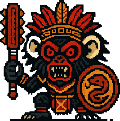 Genérame una MONO TITÍ guerra azteca con eso patrones estilo pixelar, con una apariencia maligna..
In-Game asset.  2d.  High contrast.  No shadows