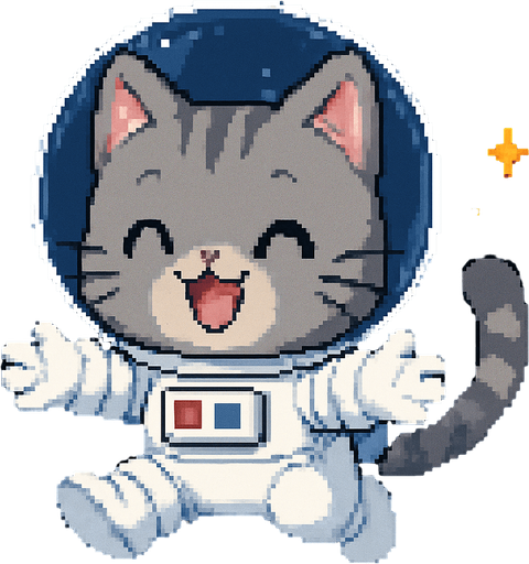 A cute gray kitten, drawn in an adorable chibi anime style and wearing an astronaut suit, floats in outer space with its little paws outstretched as if reaching out for a hug. It meows sweetly, and the entire scene is illustrated in charming Pixel Art style.