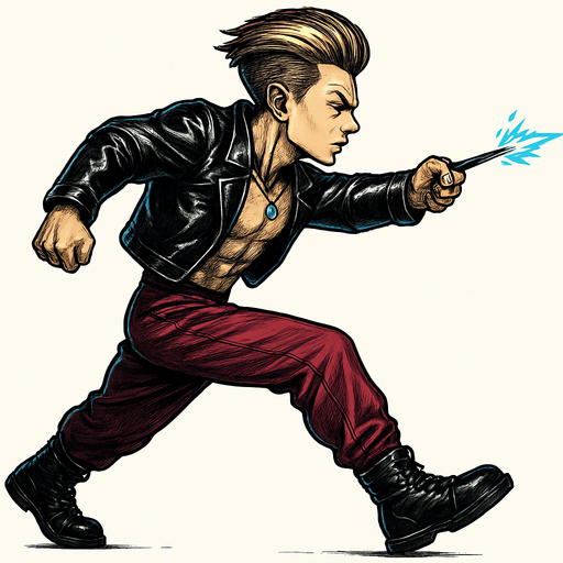 Arm positions & leg positions switched, reversed, Cyberpunk manga, side profile view running animation frames, shiny black leather biker jacket longsleeves shirtless thin abs pecs necklaces gemstone tipped wand, action shot wand pointed straight in front arm extended wand casting spell fierce fashion pose animation blonde undercut pompadour, vampire fangs, wine red joggers, combat boots, Background removed, "Full-body character, entirely in frame, no cropping of face, head, or feet" "Complete character visible, from head to toe, fully centered in the image" "Entire character, including face and boots, fully within the frame" Character fully contained within a square frame, no edges cut off,