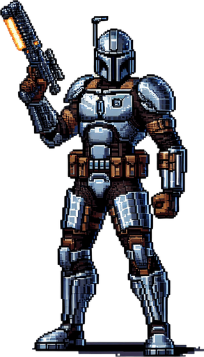 Create a pixel art sprite of the Mandalorian from the Star Wars universe. The Mandalorian should be standing in a determined pose, with his beskar armor and blaster raised. The sprite should be detailed and recognizable, but also stylized to fit within the pixel art aesthetic.
The Mandalorian is a skilled bounty hunter known for his unwavering determination and formidable combat skills. Clad in his signature beskar armor, he wields an array of deadly weapons, including his trusty blaster and a jetpack that allows him to maneuver with incredible agility. Despite his gruff exterior, the Mandalorian possesses a strong sense of honor and a deep-seated loyalty to those he protects.