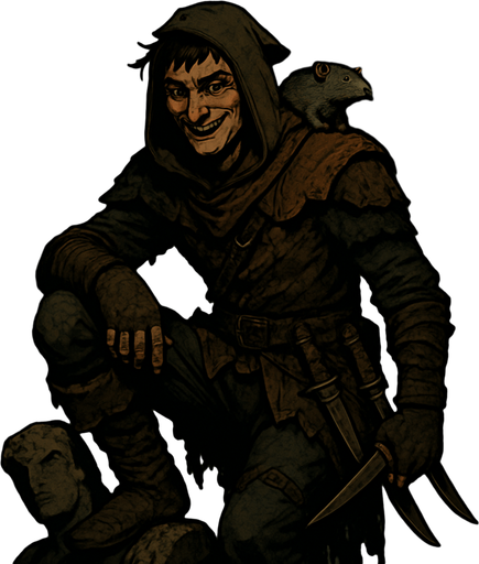 "A cunning rogue cloaked in patchwork leathers and city grime, perched on a broken statue. Male, 26 years old, wiry and agile, with messy black hair, sly green eyes, a scar over his nose, and olive-toned skin. A rat sits on his shoulder. Dual daggers at his side, a grin revealing a gold tooth. The background is a shadowy alley lit by torchlight. Realistic, highly detailed, dark urban medieval style. realistic.
In-Game asset.  2d.  High contrast.  No shadows