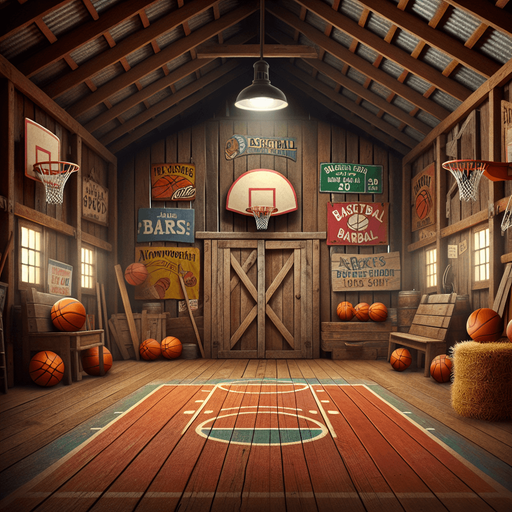 basketball barn background.
Single Game Texture. In-Game asset. 2d. Blank background. High contrast. No shadows.