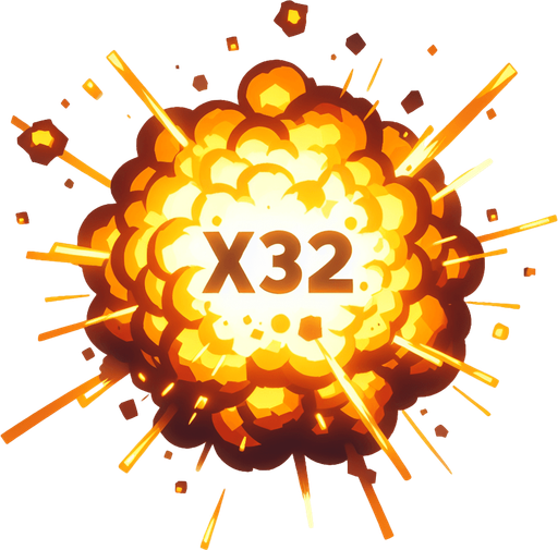爆炸，里面有“X32”的字样,暖色调.
Single Game Texture. In-Game asset. 2d. Blank background. High contrast. No shadows.