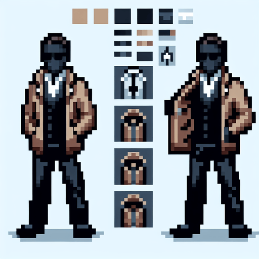 uma spritesheet de um espião desconhecido, a segunda sprite é dele abrindo sua jaqueta para mostrar os itens que ele tem pixel art.
Single Game Texture. In-Game asset. 2d. Blank background. High contrast. No shadows.