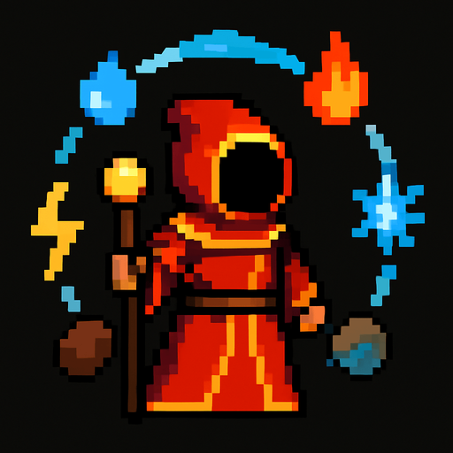 A pixel style magician from Magicka who has an arc around him of elements to be casted (fire, water, ice, rock, etc).
In-Game asset.  2d.  High contrast.  No shadows