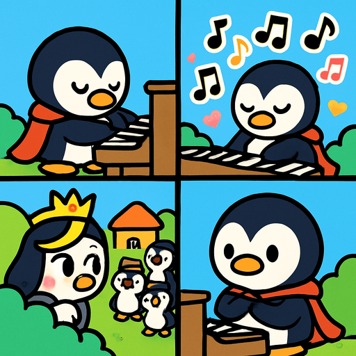 4-panel comic strip, no text, cute cartoon style, bright colors, black outlines.
Characters: Penguin Hero (small, determined) + Penguin Princess (elegant, crown) + Village Penguins
Central Theme: Music connects hearts, piano mastery wins love. Story: Hero finds his true musical voice and inner strength

Panel 1: Hero alone with piano, plays from his heart instead of trying to impress
Panel 2: Beautiful, unique music flows from him, notes shimmer with emotion
Panel 3: Princess secretly listens from distance, moved by his genuine music
Panel 4: Hero realizes music should come from the heart, not ego. 
In-Game asset.  2d.  High contrast.  No shadows