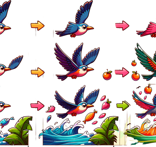 it could imagine flying high in the sky, touching the sea, catching fish, eating fruit, and flying with a flock..
Single Game Texture. In-Game asset. 2d. Blank background. High contrast. No shadows.