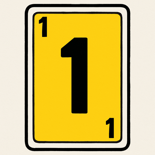 Rectangular card numbered 1, with a white border around it and a yellow background..
In-Game asset.  2d.  High contrast.  No shadows