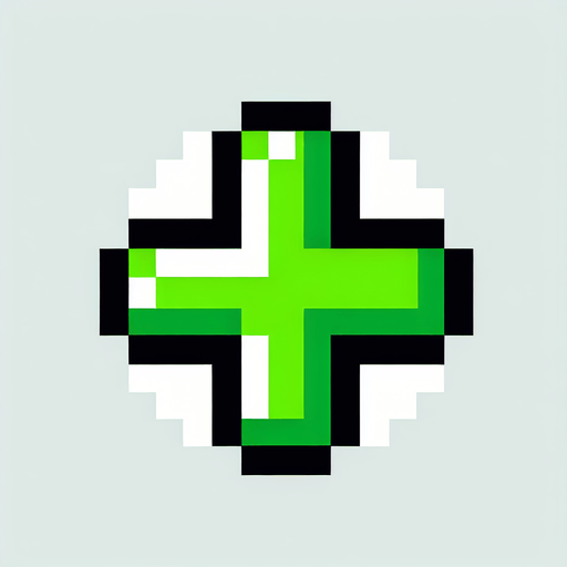 A bright green + symbol for a game GUI element.
Single Game Texture.  In-Game asset.  2d.  Blank background.  High contrast.  No shadows. 8-bit art style