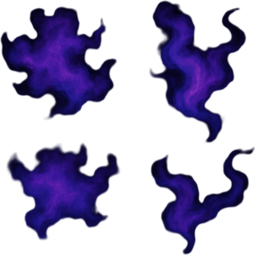Wispy, gas-like particles

```
- Shape: Irregular, cloud-like with flowing tendrils
- Colors: Purple (#8844FF), magenta (#FF44AA), blue (#4488FF)
- Opacity: 60-80% at center, fading to transparent
- Texture: Soft, organic, slightly mottled
- Multiple variants: 3-4 different shapes for variety.
In-Game asset.  2d.  High contrast.  No shadows