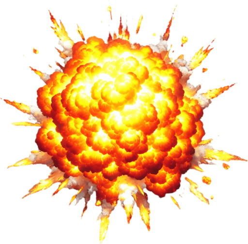 A realistic looking explosion, viewed from above. Bright coloured fire
Single Game Texture. In-Game asset. 2d. Blank background. High contrast. No shadows.