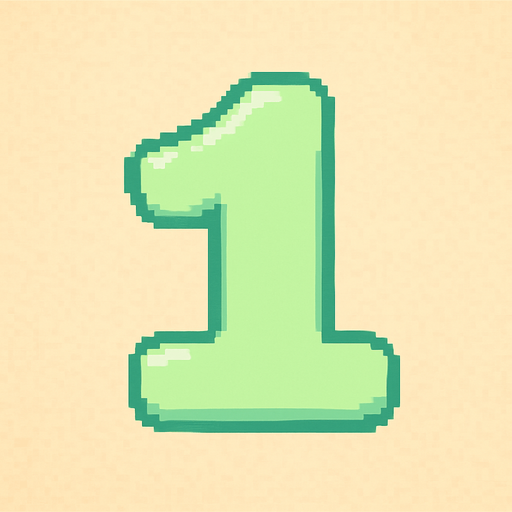 A pixel art number "1" designed for a cozy, cute retro 2D game UI with a bird theme. The number is rendered in soft pastel light green tones to harmonize with the gentle and sweet aesthetic of the game. It has a clean, simple, and rounded pixel style with no harsh edges, fitting perfectly within the pixel art UI style. The number is bold and easily readable at small sizes..
In-Game asset.  2d.  High contrast.  No shadows. pixel art. retro. 2d ui. number. pastel light green. simple. rounded edges. bold. cute. minimal