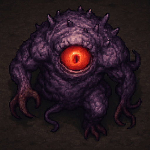 “Top-down 2D pixel art of a massive purple monster with a single glowing red eye. The creature has a deformed, muscular body, rough light purple skin with spikes or scales, and a monstrous, intimidating stance. Its eye is large and central, glowing intensely with a sinister aura. Clawed hands or tentacles may be emerging from its body. Designed as a high-quality game sprite for a dark fantasy or horror-themed pixel art game.”
