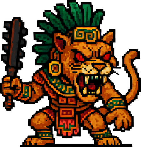 Genérame una Puma guerrero azteca con eso patrones, estilo pixelar, con una apariencia maligna, ojos rojos, rabioso. Unidad cuerpo a cuerpo. Animal.
In-Game asset.  2d.  High contrast.  No shadows