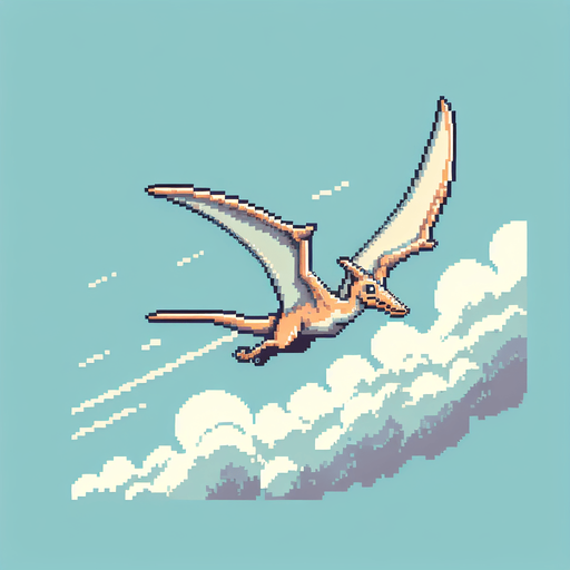 pixel art pterodactyl flying.
Single Game Texture. In-Game asset. 2d. Blank background. High contrast. No shadows.