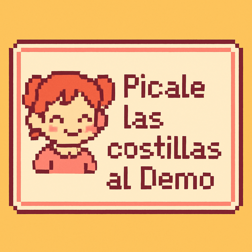 Un cuadro de dialogo.
Este dira ''Picale las costillas al Demo'' TIENE QUE SER ADORABLE pero retro, de videojuego.
In-Game asset.  2d.  High contrast.  No shadows