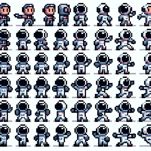 pixelart. A spritesheet containing a number of different views of tiny astronauts in various poses and views, some facing to the sie, some to the front, some with one arme raised, some in midjump, some waving. All with heltmets on. Sprites should be laid out in a rectangular grid with empty space betweem them..
Single Game Texture. In-Game asset. 2d. Blank background. High contrast. No shadows.