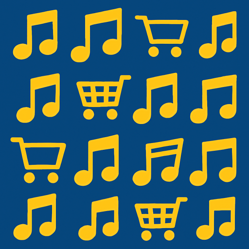 Mavi arka plan üzerinde sarı müzik notası simgeleri ve market arabası simgeleri olsun.
In-Game asset.  2d.  High contrast.  No shadows