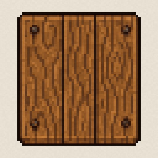 Vista cenital de una sola baldosa de puerta de madera, aislada, vista desde arriba, estilo pixel art 2D para videojuego, textura continua y repetible, sprite de 32x32. Sin manija, sin bisagras, sin marco, solo tablones de madera con clavos decorativos. Textura de vetas estilizadas. Arte estilo hecho a mano. Alto contraste, sin sombras. Sin fondo.