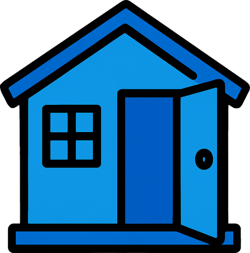 blue house, open door looking left.
In-Game asset.  2d.  High contrast.  No shadows