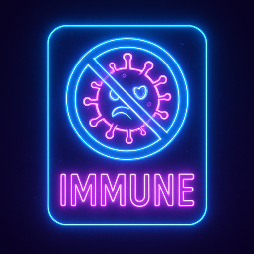 neon cyberpunk glowing IMMUNE button blue pink futuristic videogame hologram a crossed circle with cartoon microbe