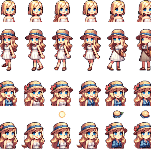 A spritesheet with a number of poses of a happy blond girl with blue eyes wearing a modern sunhat and summer dress, smiling, working, waiting, standing, turning, etc.The spritesheet should be laid out in a rectangular grid with clear space between each individual sprite. Each sprite in the sheet should be around 300x600 pixels in size.
Single Game Texture. In-Game asset. 2d. Blank background. High contrast. No shadows.