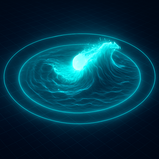 Overhead digital simulation hologram of oceanic meteor impact tsunami wave shockwave radius circle outward crashing neon cyberpunk 3d diagram translucent wave crash hologram neon effect crash