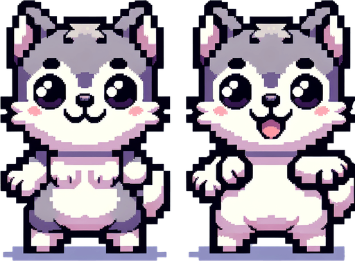 Wolf puppy 8-bit character cute and adorable.
Single Game Texture. In-Game asset. 2d. Blank background. High contrast. No shadows.